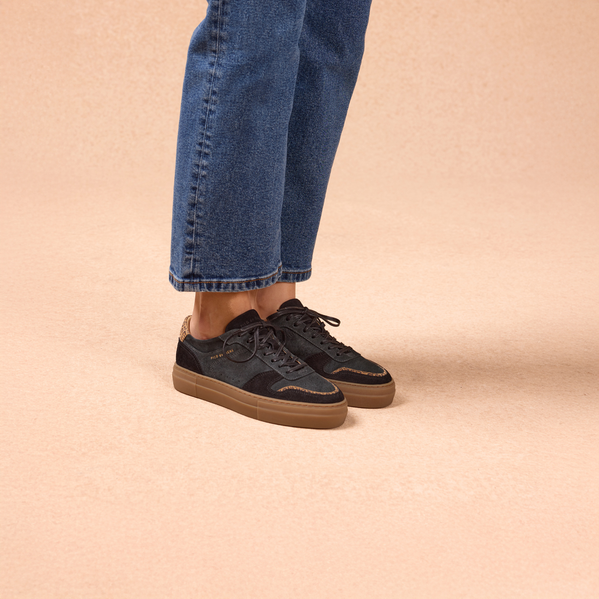 black leather and leopard print trainers for women