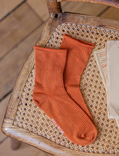Chaussettes Côtelées et Roulottées pour Femme - Coton couleur Rouille