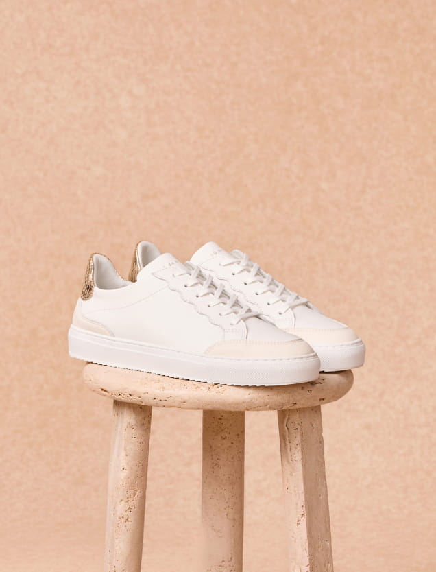 white and gold leather sneakers for women