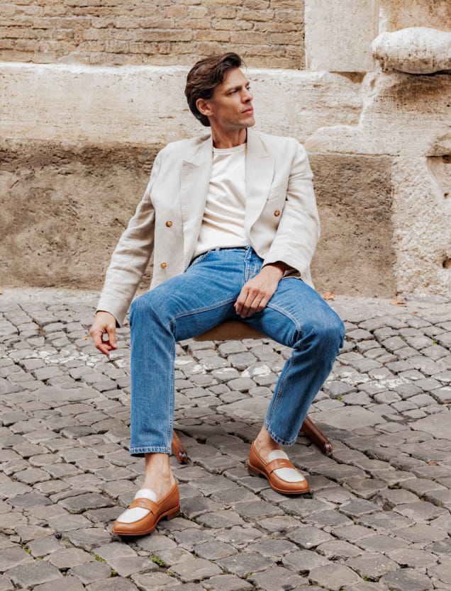 mocassins en cuir cognac et ivoire pour femme