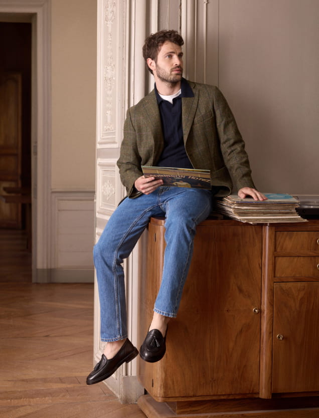 black grained leather loafers for men