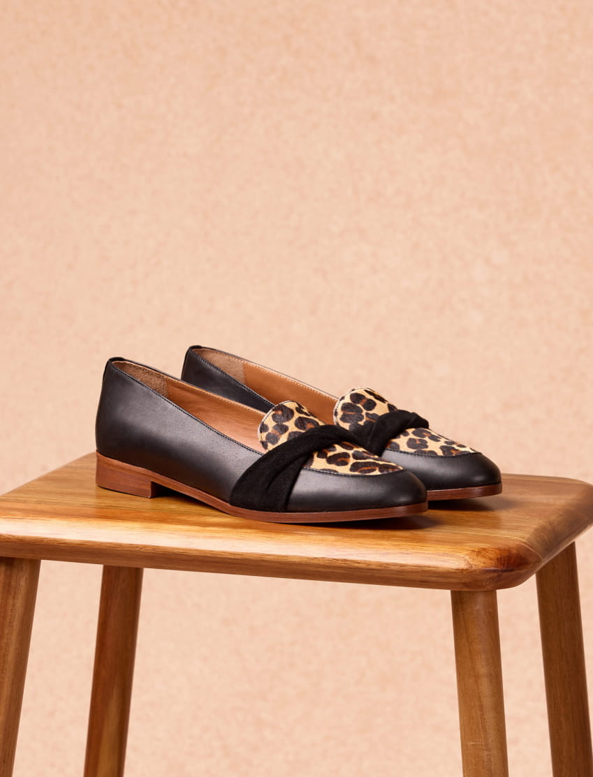 black leather and leopard moccasins for women
