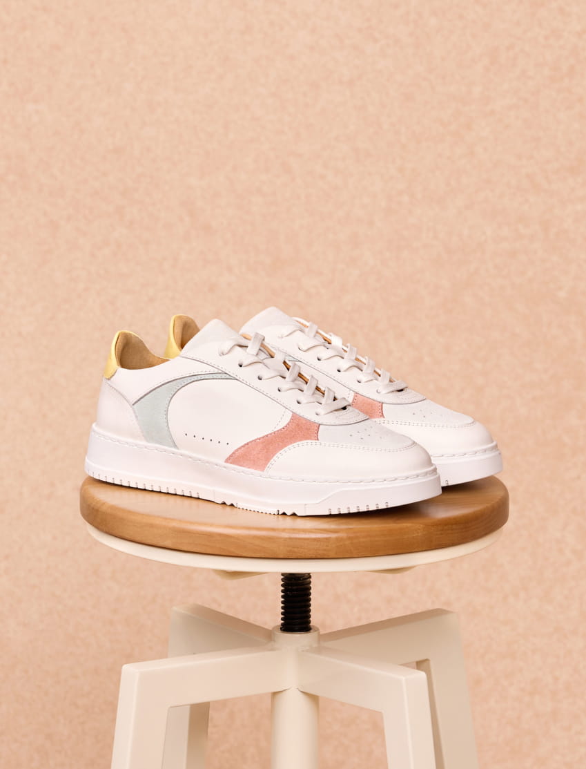 white and pastel leather sneakers for women