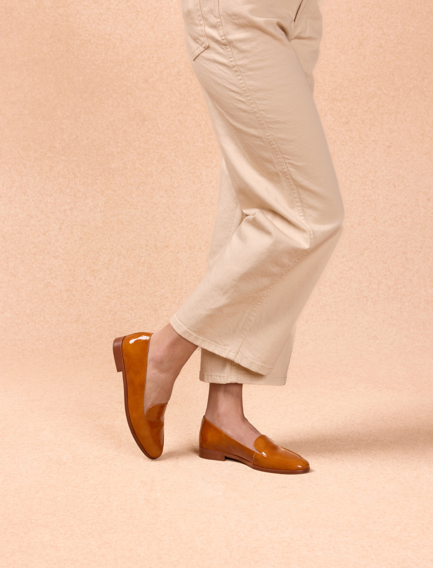 women's cognac patent leather loafers