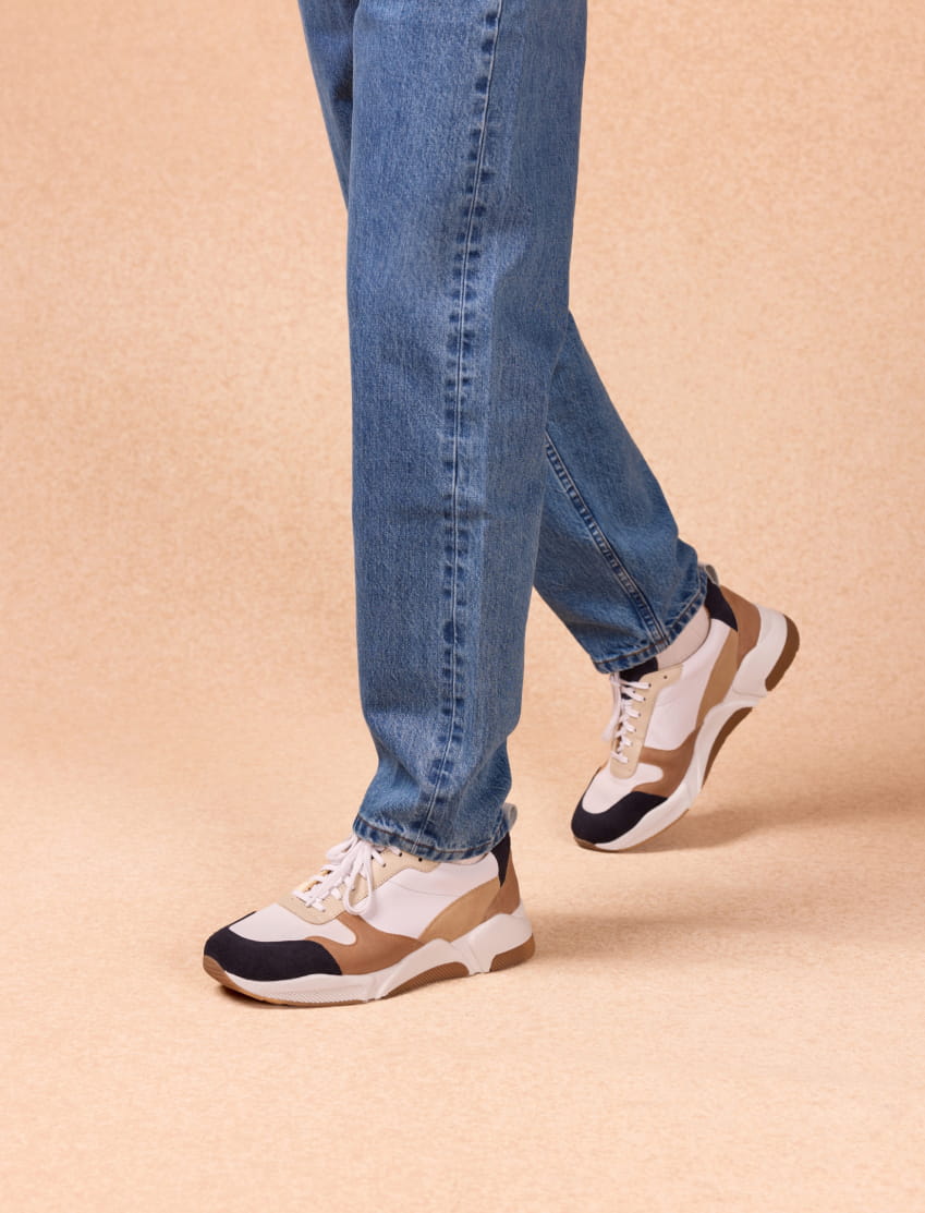 sneakers aus weißem, blauem und camelfarbenem leder für herren