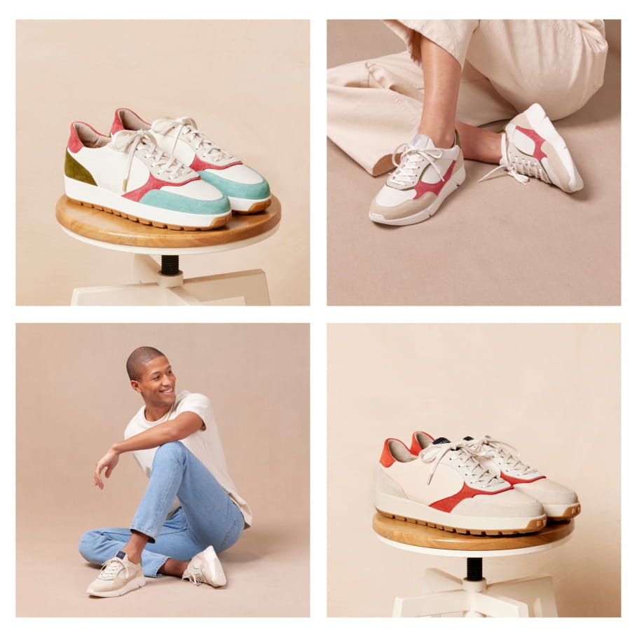 paires de sneakers en cuir et tissus recyclés homme et femme