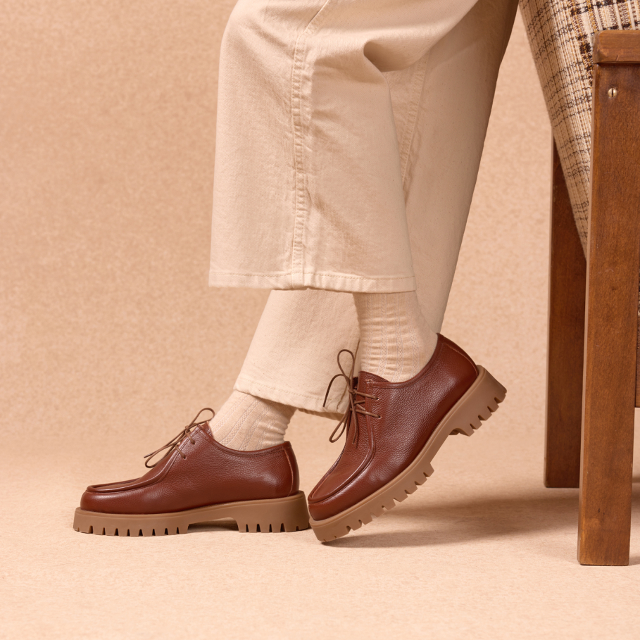 cognac-colored grained leather derbies for women