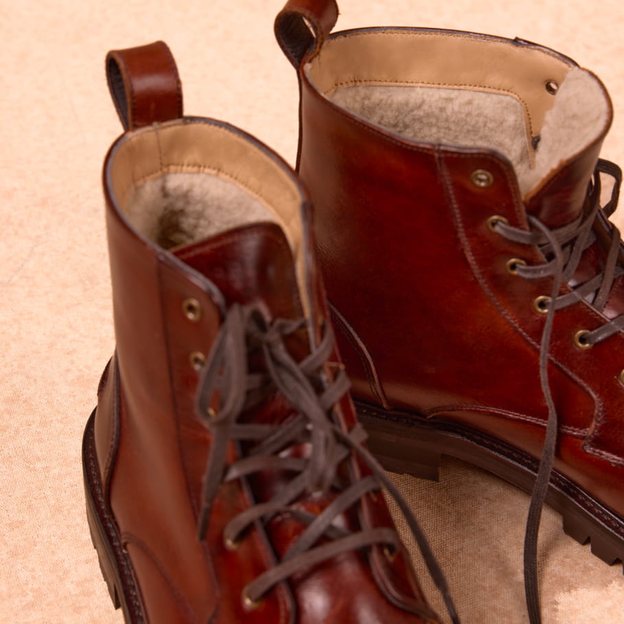 combat boots fourrées en cuir bourgogne pour homme