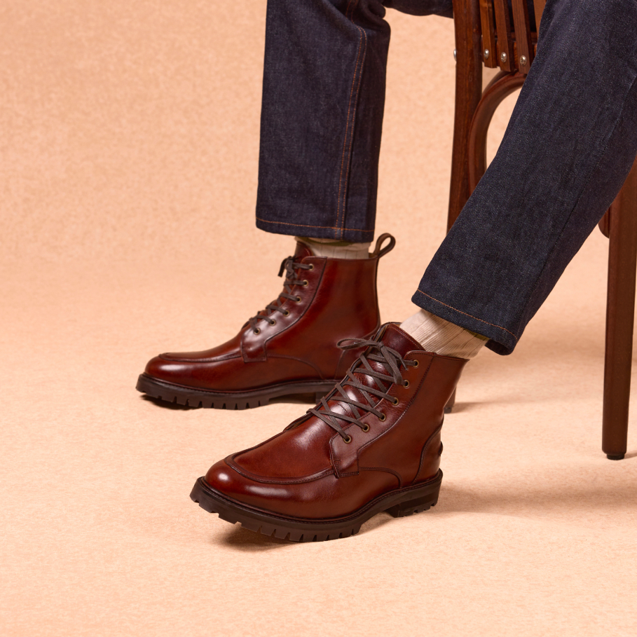 burgundy leather fur-lined combat boots for men