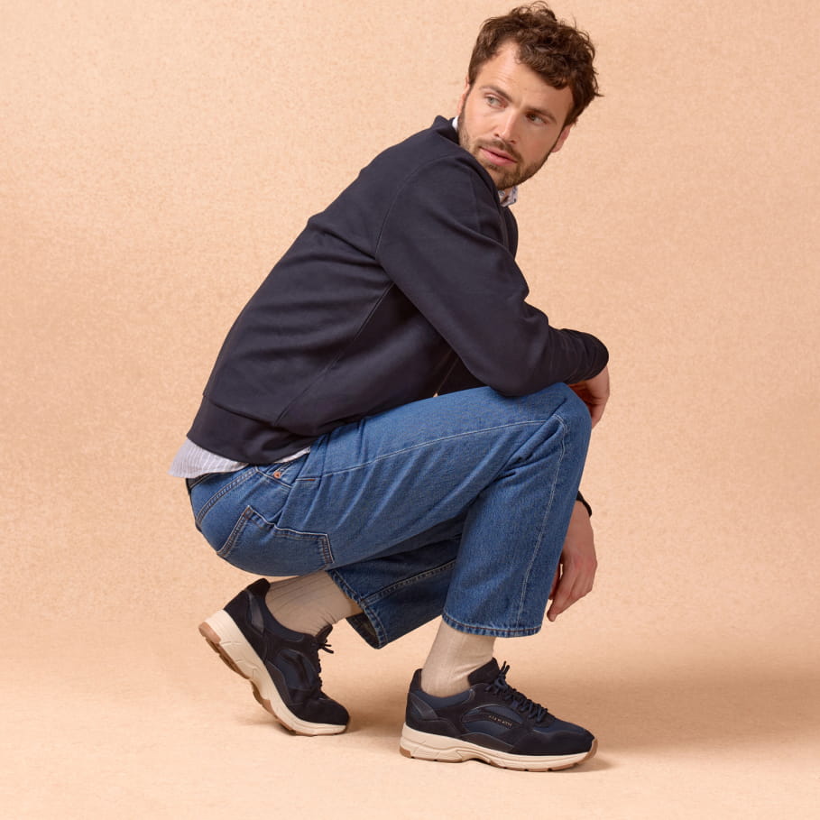 casual-style blue leather sneakers for men