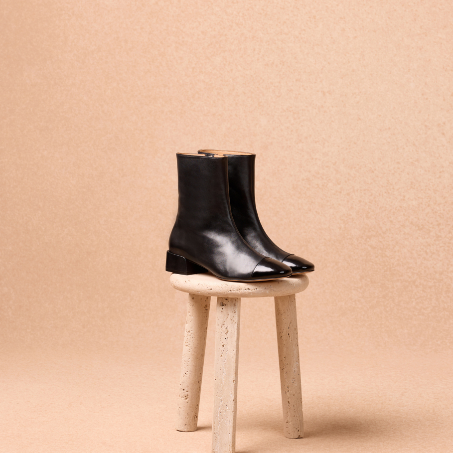 flat leather ankle boots with black patent toe for women