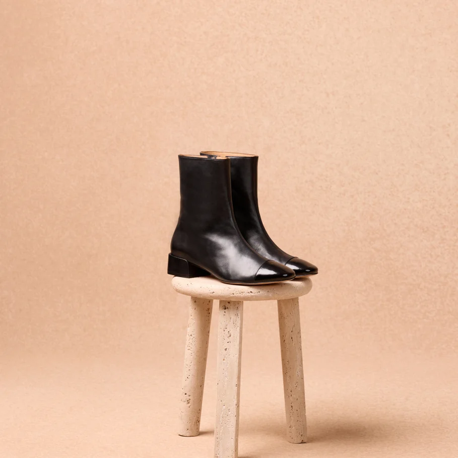 flat leather ankle boots with black patent toe for women