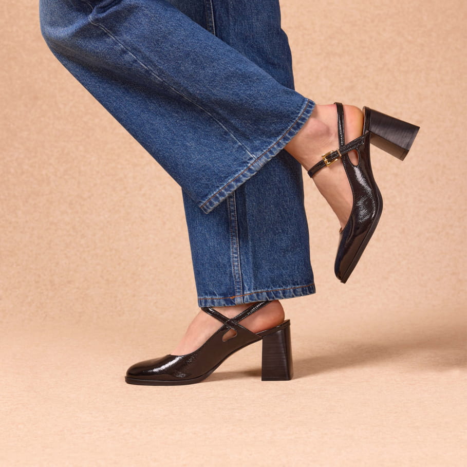 babies à talons en cuir verni noir pour femme