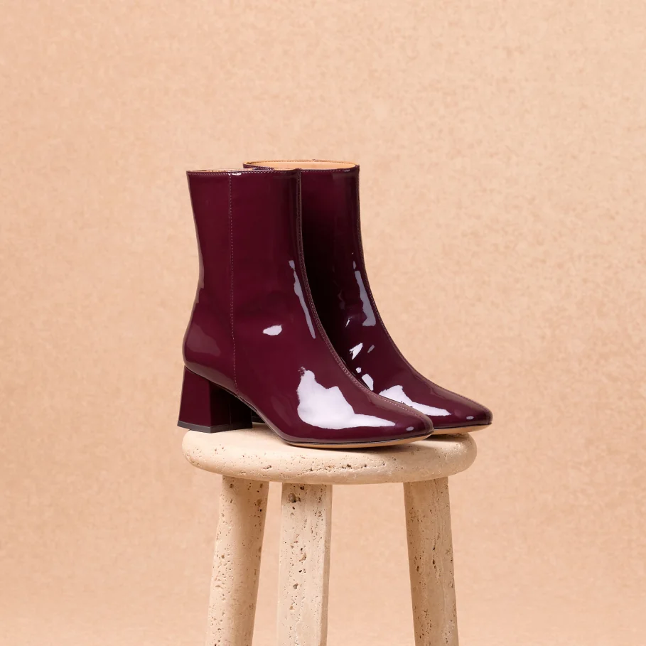 eggplant patent leather heeled ankle boots for women