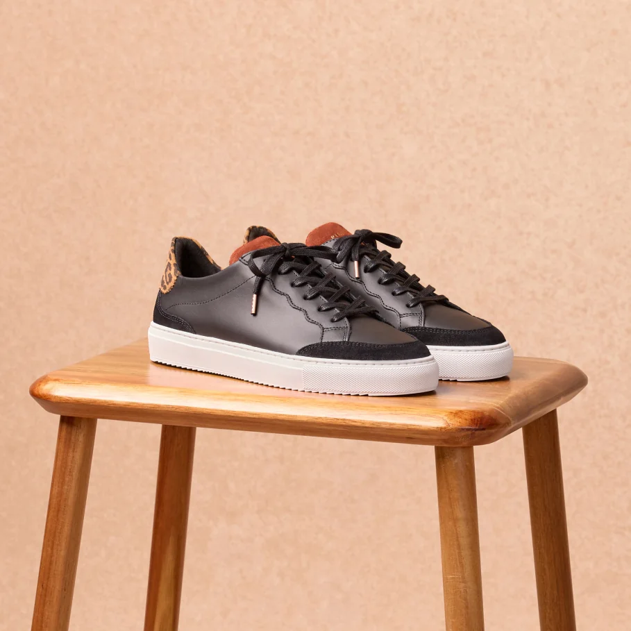 black and leopard smooth leather sneakers for women