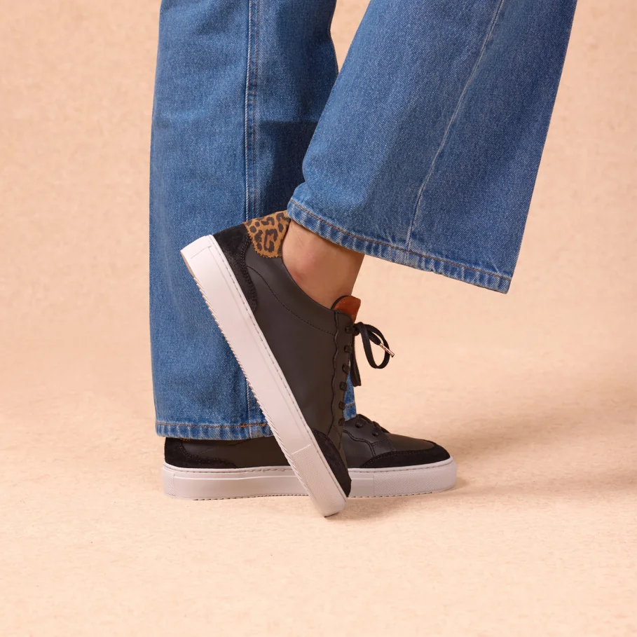 black and leopard smooth leather sneakers for women