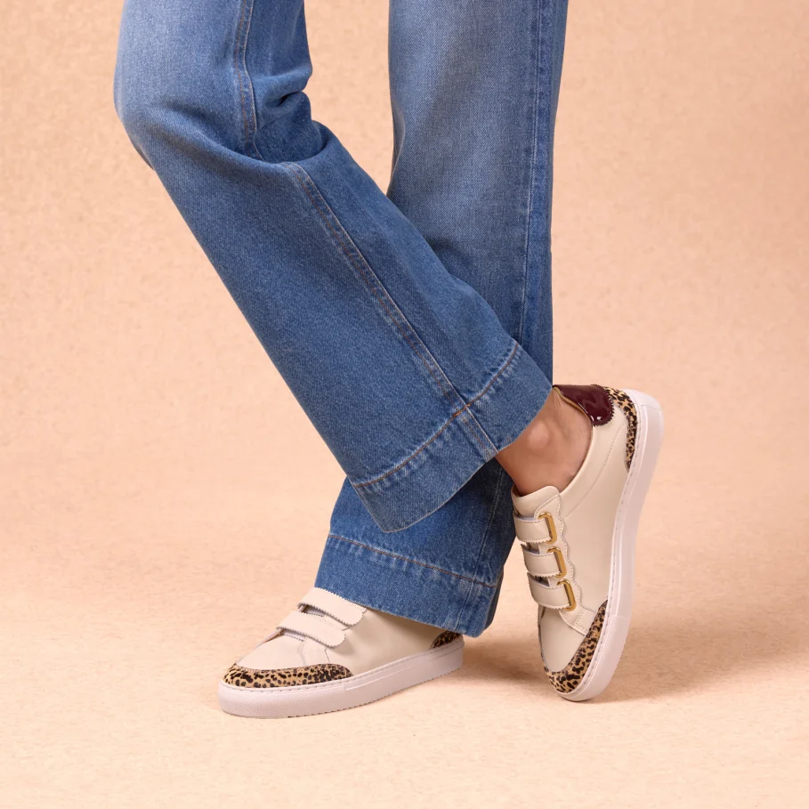 white and eggplant leather velcro sneakers for women