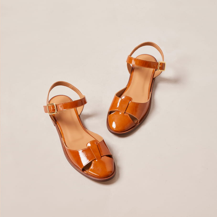 brown patent leather flat sandals for women