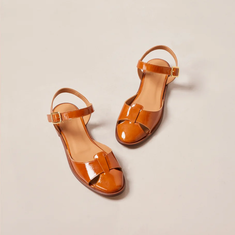 brown patent leather flat sandals for women