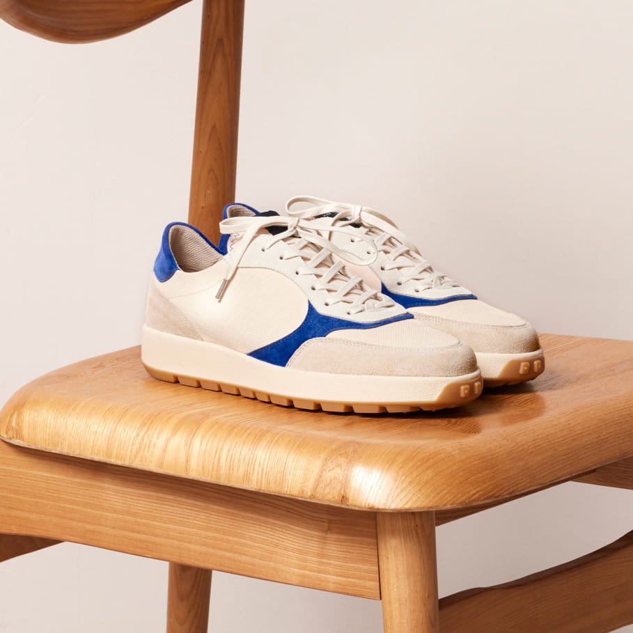 blue and white recycled leather sneakers for men