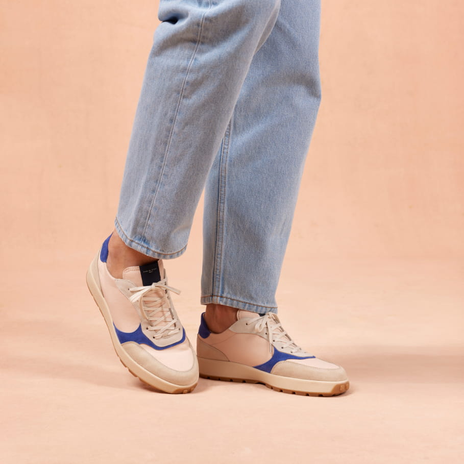 blue and white recycled leather sneakers for men