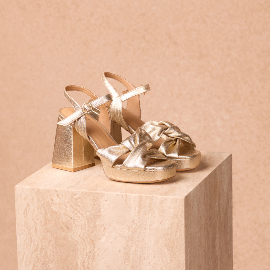 Gold leather heeled sandals for women