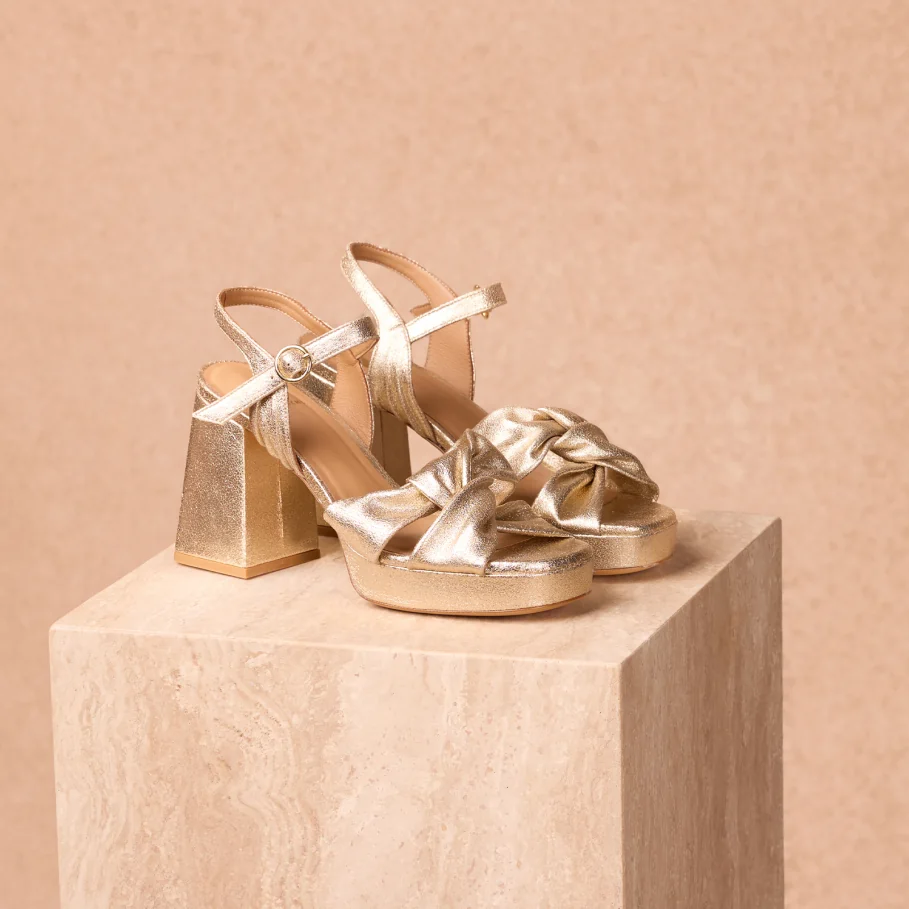 Gold leather heeled sandals for women