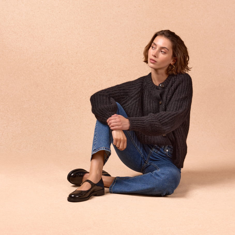 babies en cuir glacé noir pour femme