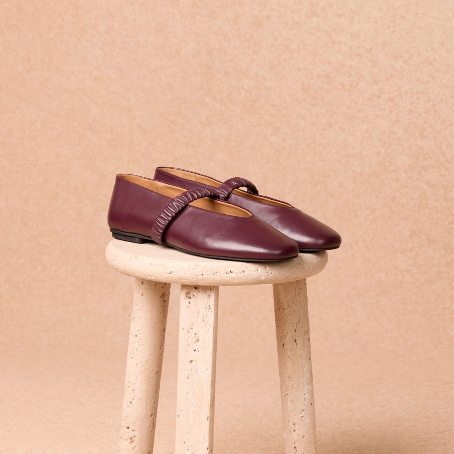 eggplant purple leather ruched strap ballet flats for women