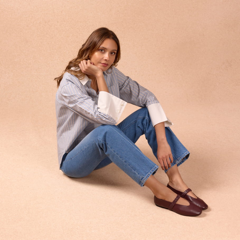 eggplant purple leather ruched strap ballet flats for women