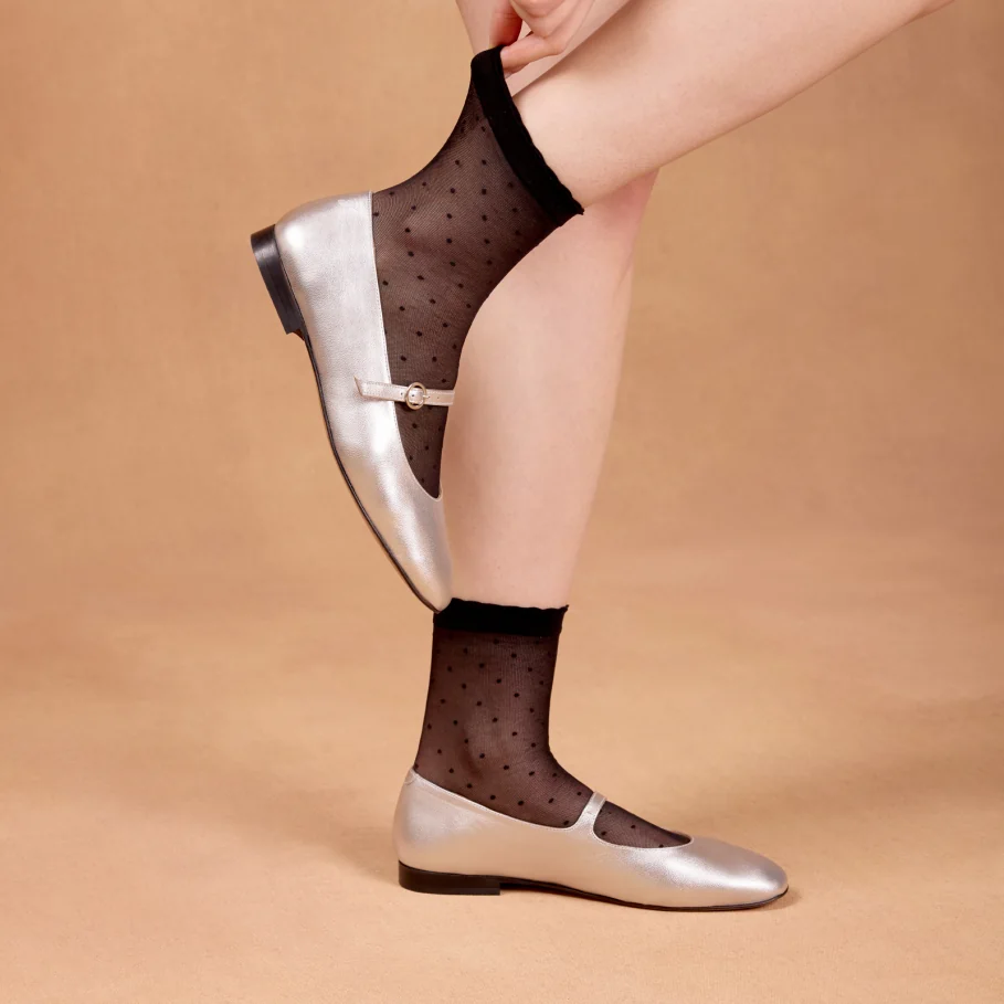 silver leather ballet flats for women