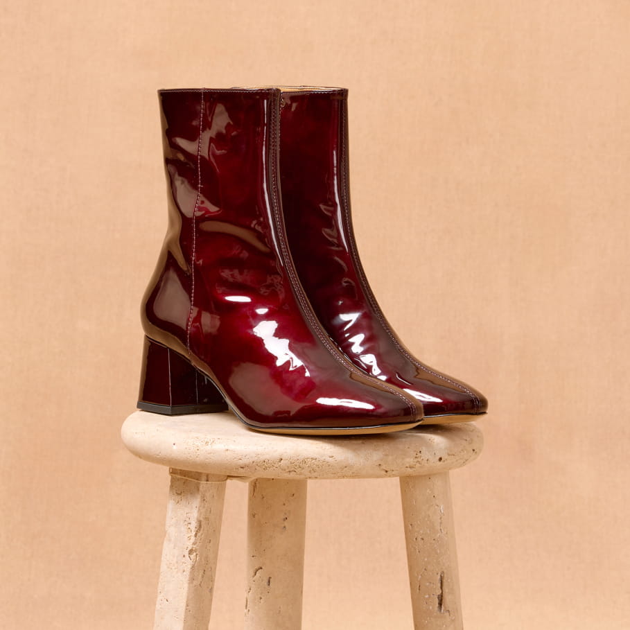 women's burgundy patent leather ankle boots