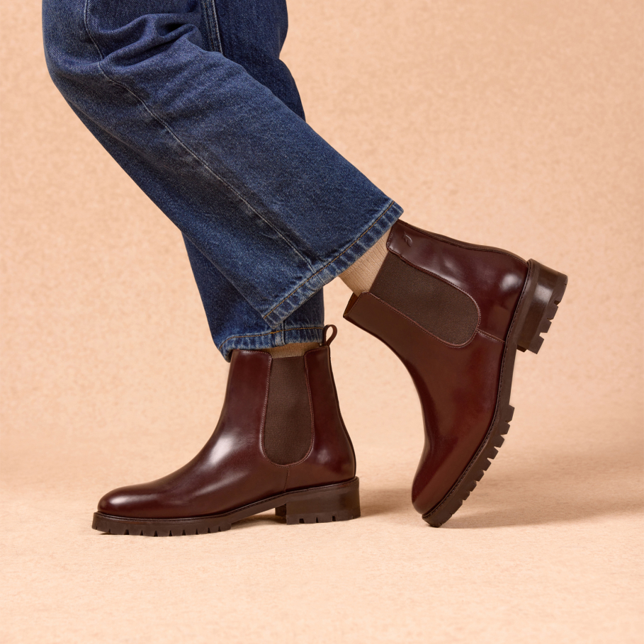 brown glazed leather lug-sole chelsea boots for women