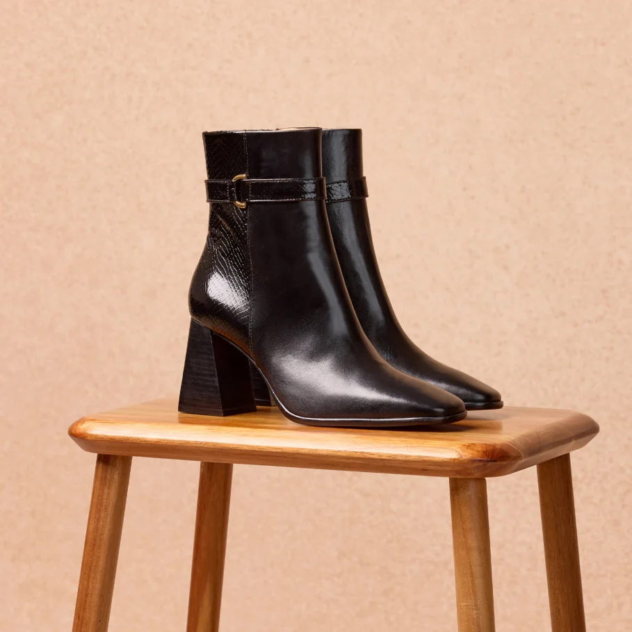 black patent leather heeled ankle boots for women