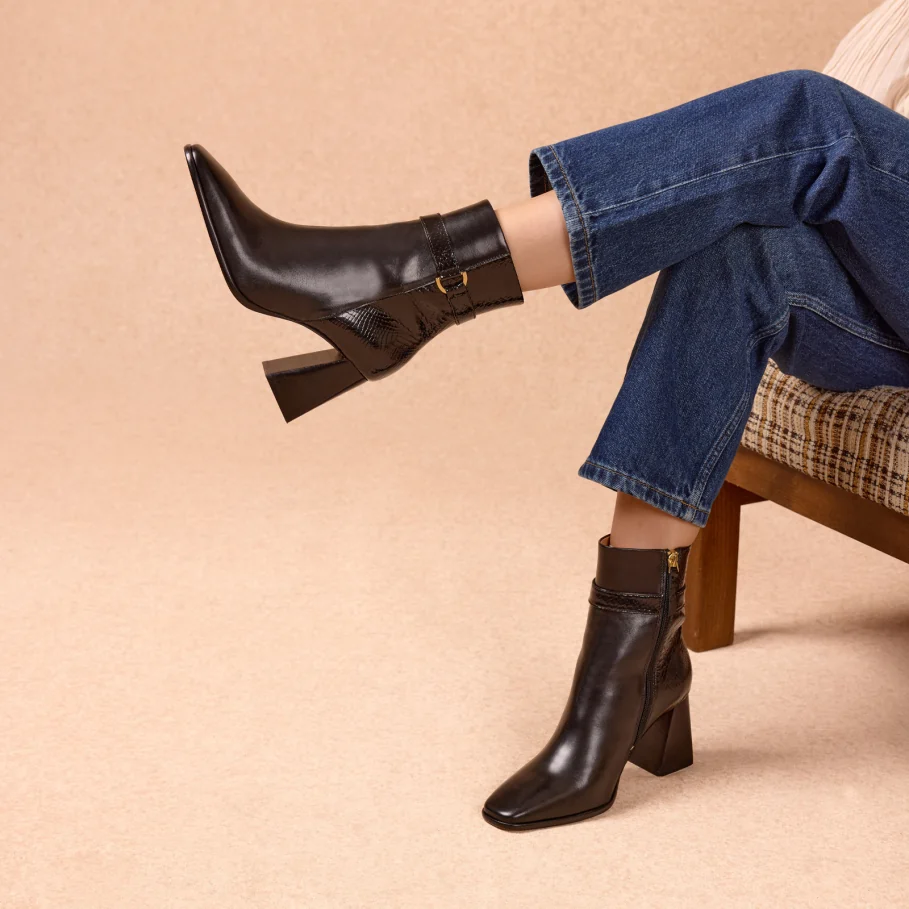 black patent leather heeled ankle boots for women