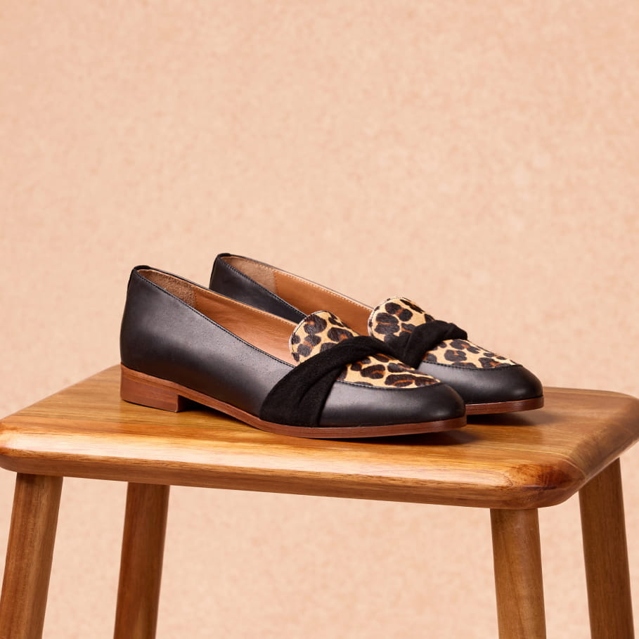 black and leopard leather loafers for women