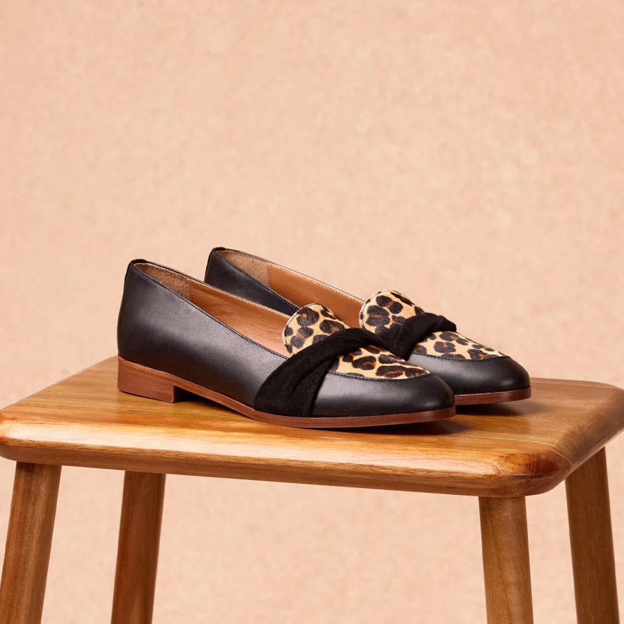 black and leopard leather loafers for women