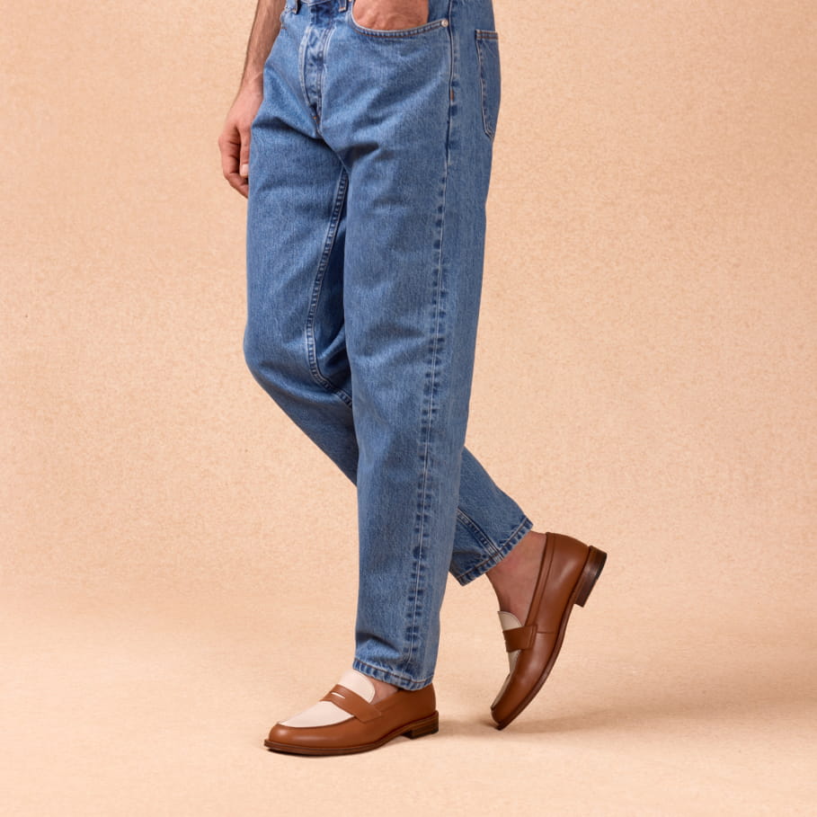 Two-tone cognac and ivory leather loafers for men