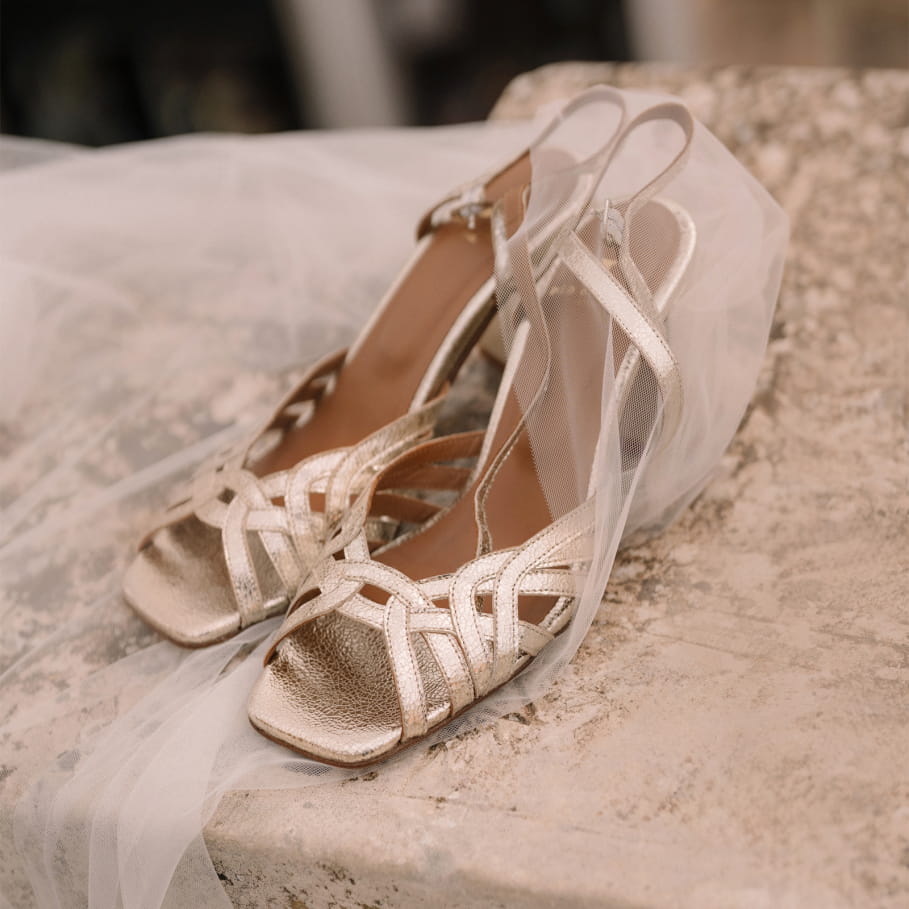 Gold leather heeled sandals for women