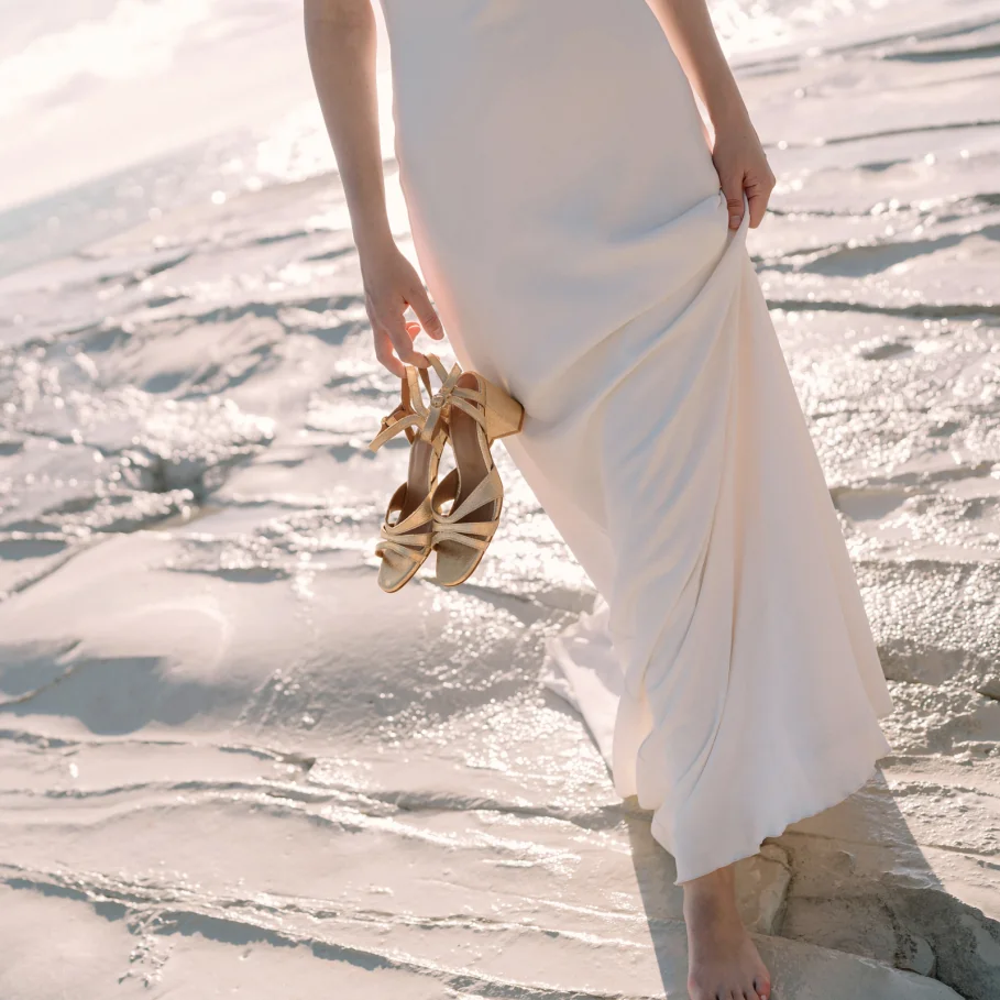 women’s leather sandals with golden heels