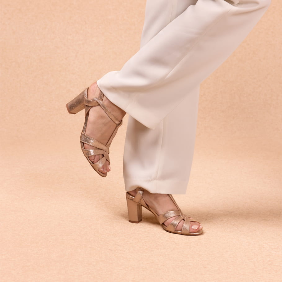 women’s golden leather heeled sandals