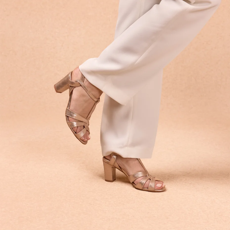 women’s golden leather heeled sandals