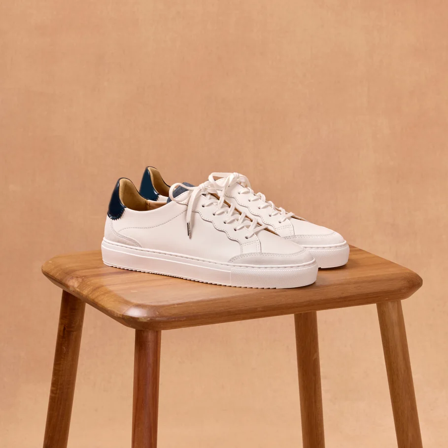 white and blue leather sneakers for women