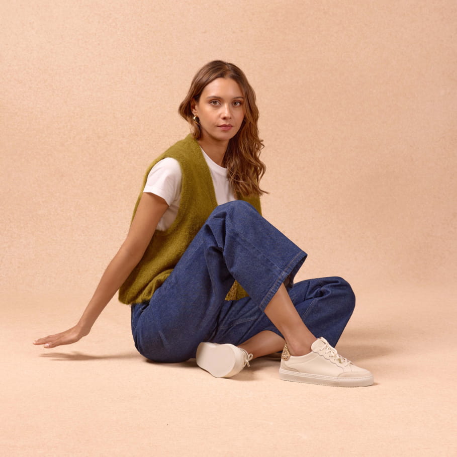 Cream and leopard leather sneakers for women