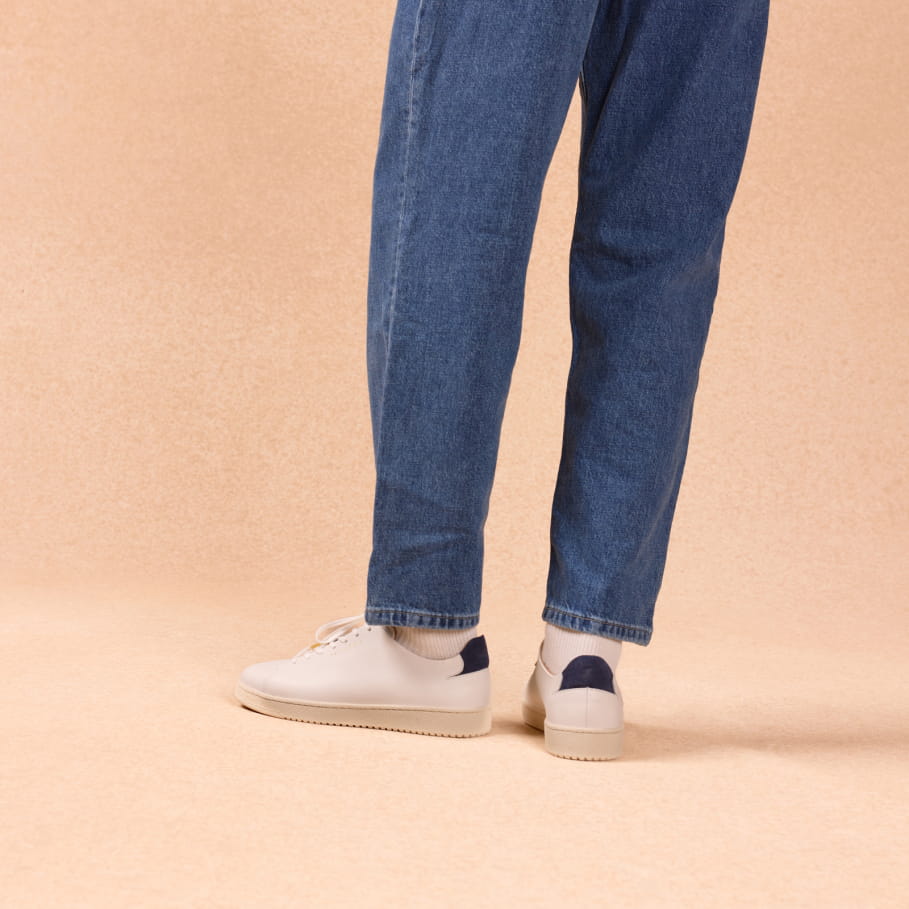 white and blue smooth leather sneakers for men