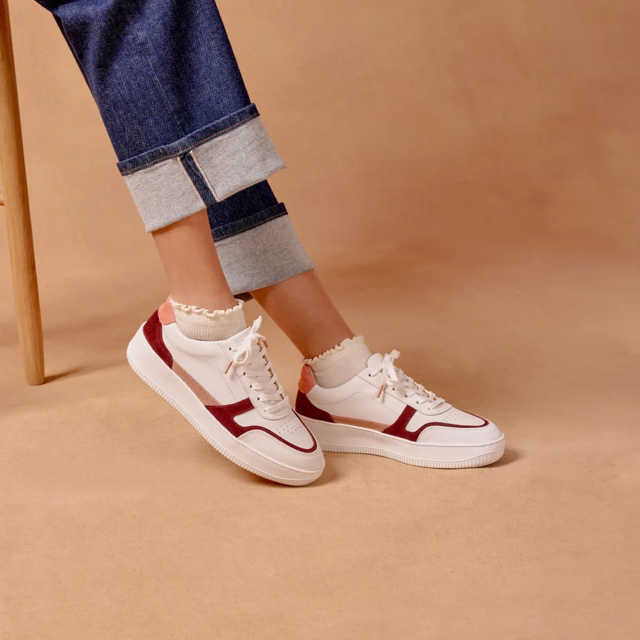 white and garnet leather sneakers for women