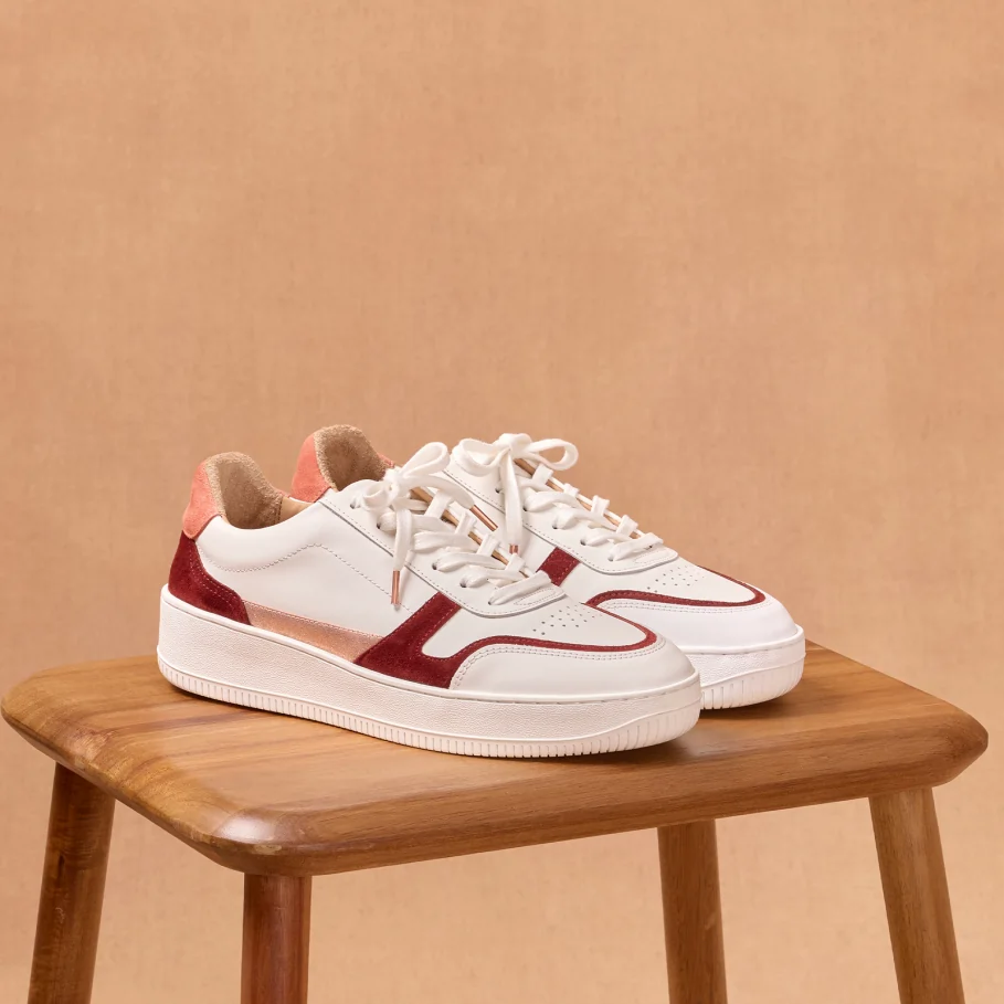 white and garnet leather sneakers for women