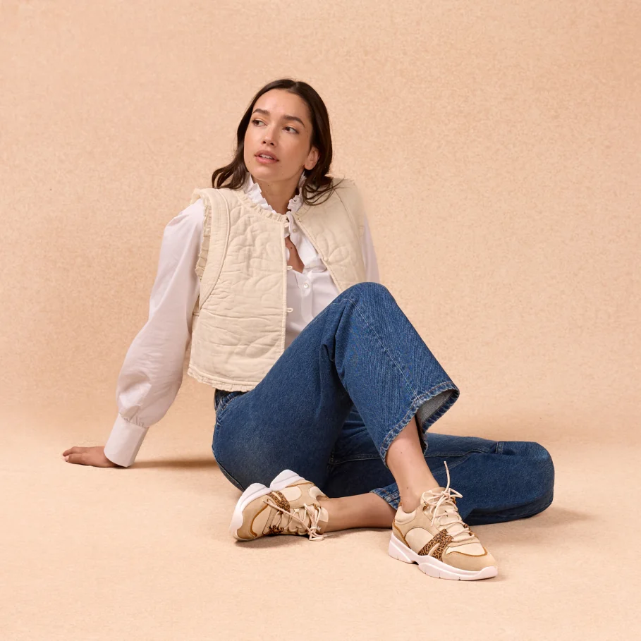 sand and leopard leather sneakers for women