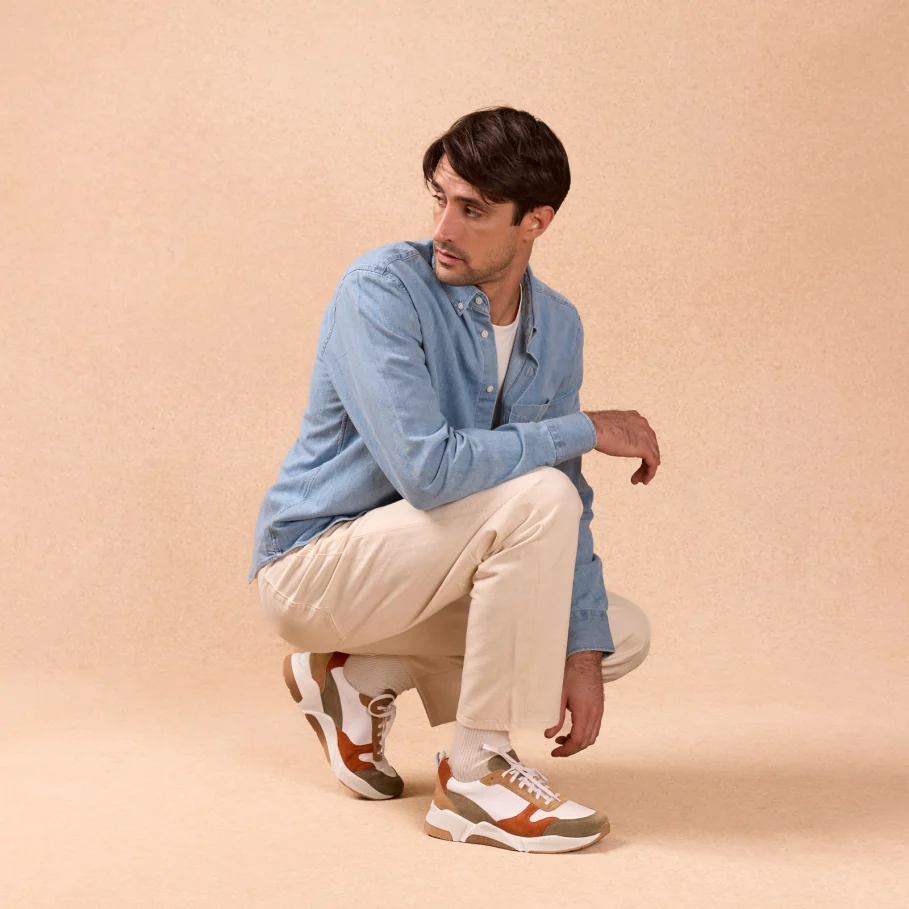 white, orange and khaki leather sneakers for men