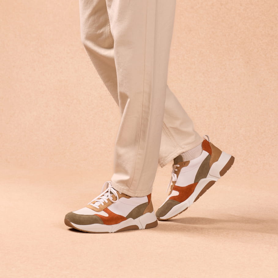 white, orange and khaki leather sneakers for men